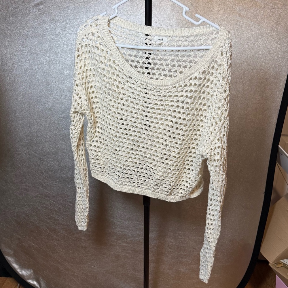 Aerie Cream Crochet Open Knit Sweater Lightweight Boho Beach Cover Up Size M